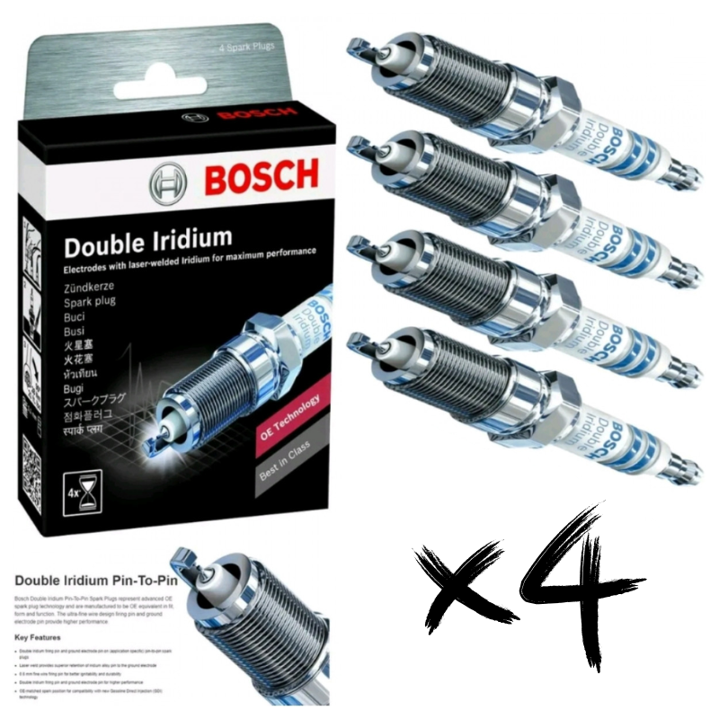 A quantity of 4 silver Bosch iridium spark plugs for the Nissan Serena c27 2016-2022 2.0 model.