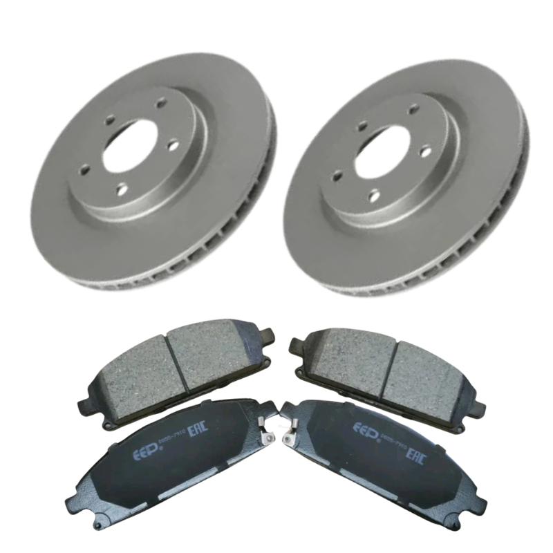 A pair of silver brake discs and pads for the Nissan serena c27 from 2016-2022. For the front of the vehicle. Vented discs.