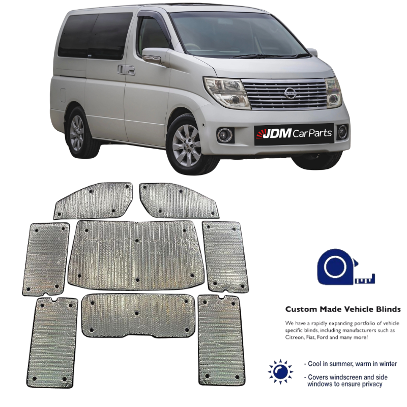 a set of 8 silver vehicle blinds for the nissan elgrand e51 from 2002-2010