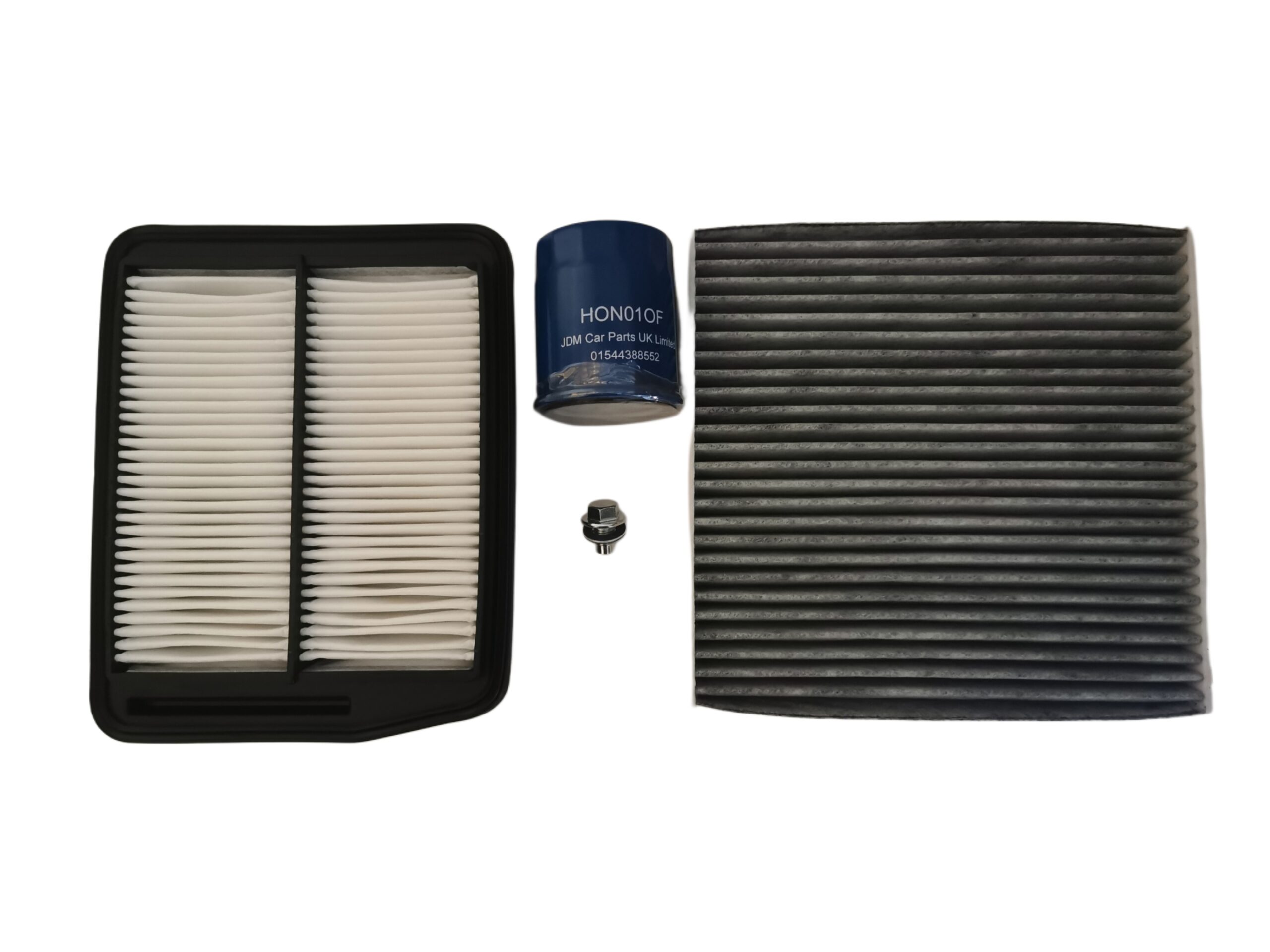 a service kit for the honda elysion 2.4L. Picture contains an air filter, oil filter, cabin filter & sump plug with washer.