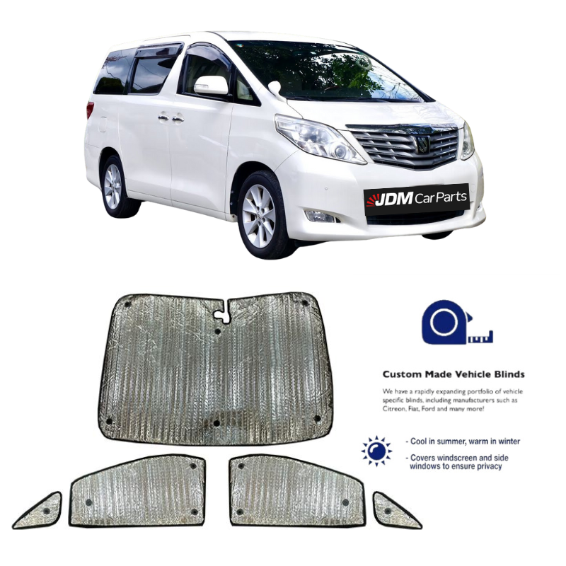 a set of silver front thermal blinds for the toyota alphard 2008-2022 model. Contains 5 pieces.