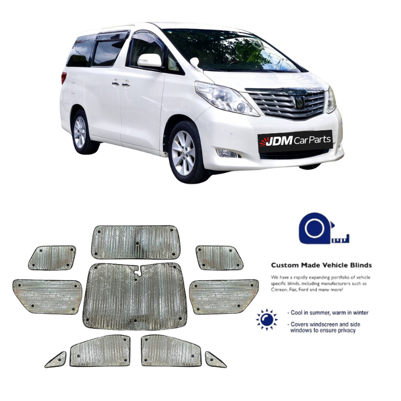 a set of silver thermal vehicle blinds for the front & rear windows for the toyota alphard 2008-2022. The set comes with 10 pieces.