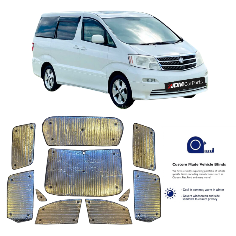 a set of silver thermal vehicle blinds for the front & rear for the toyota alphard 2002-2008 model. set contains 10 pieces.