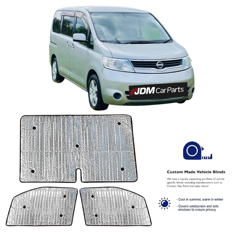 a set of silver front thermal blinds for the nissan serena 2005-2010 model. Set contains 3 pieces.