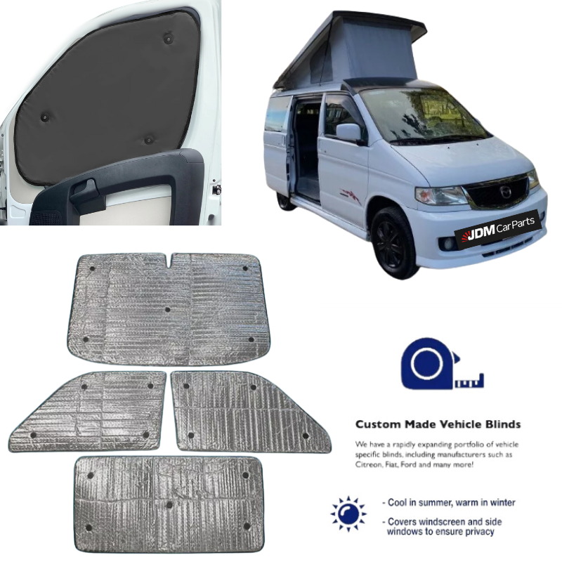 a front & rear set of silver thermal vehicle blinds for the mazda bongo 1994-2005 model. set comes with 4 pieces.